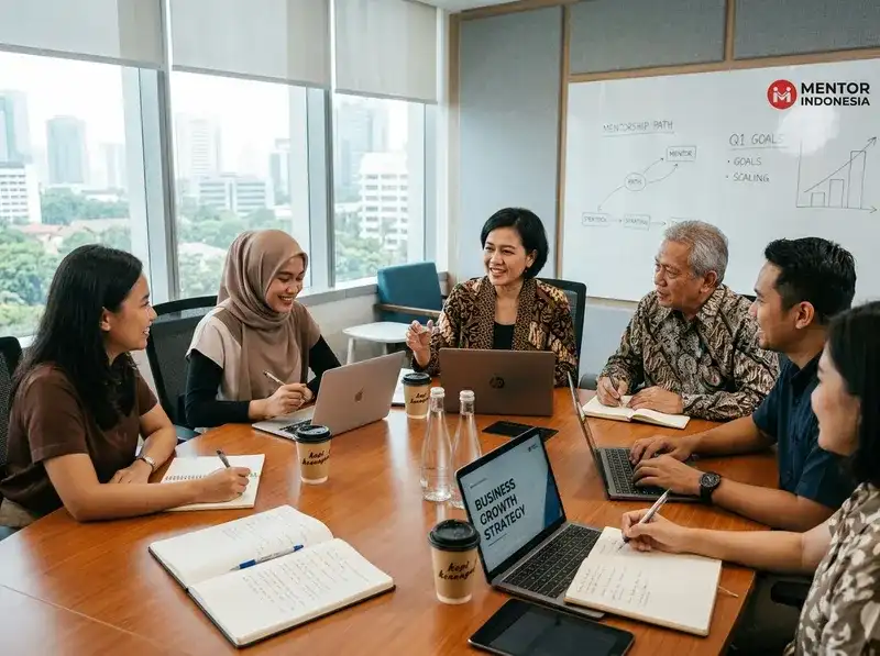 Tim mentor bisnis sedang berdiskusi