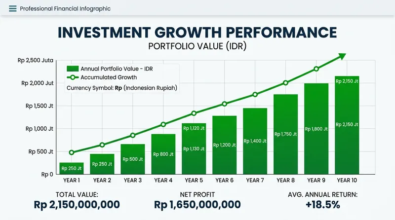Grafik pertumbuhan investasi saham jangka panjang dalam Rupiah menunjukkan tren naik konsisten